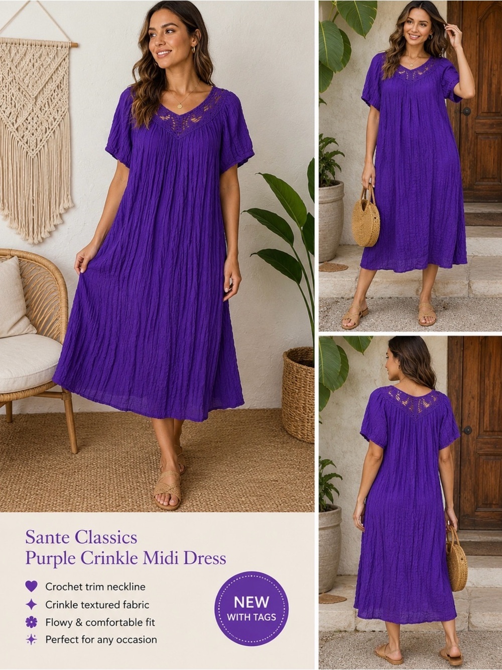 Sante Classics Purple Crinkle Midi Dress Crochet Trim Boho NWT